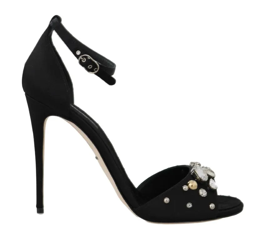 Black Silk Lace Crystal Heels Sandal