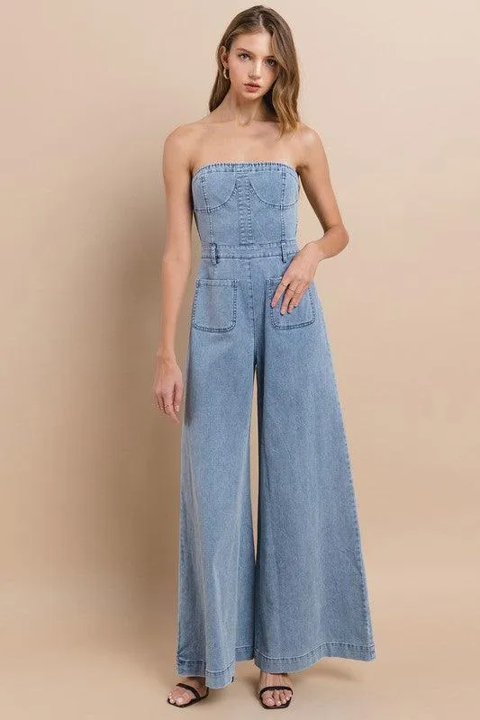 OFF SHOULDER WIDE LEG DENIM JUMPSUIT