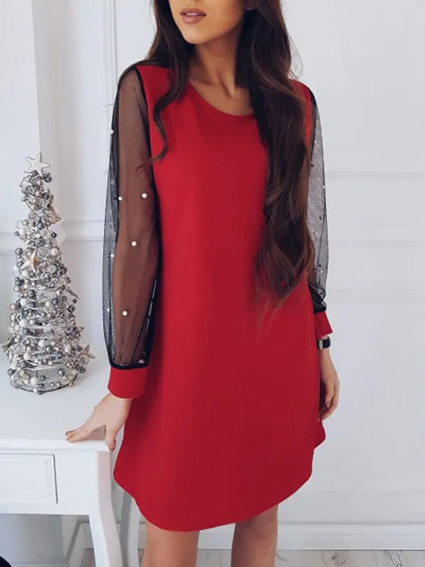 Puff Sleeve Mesh Beaded Slim Dress