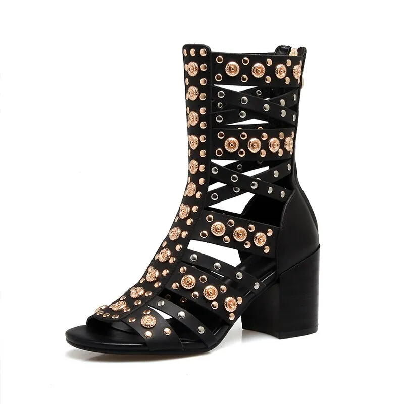 Summer Rivet Boots Open Toe Hollow Real Leather Rivet Sandals Square Heel Rome High Heel Sandals Women Gladiator Shoes