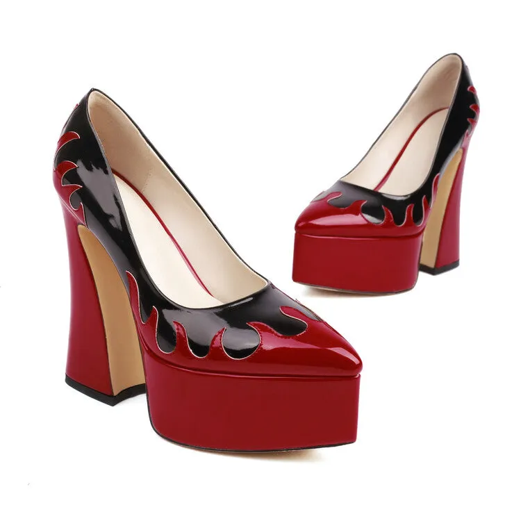 Women's Pointed Toe Bicolor Shallow Spool Heel Platform Pumps