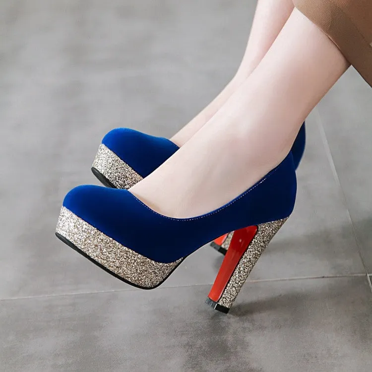 Women's Suede Almond Toe Sequins Chunky High Heel Platform Pumps